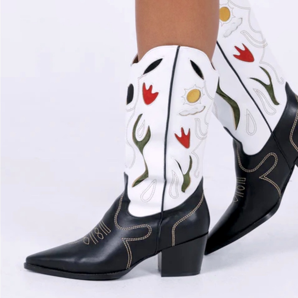 Princess Polly Black and White Embroidered Western Boots